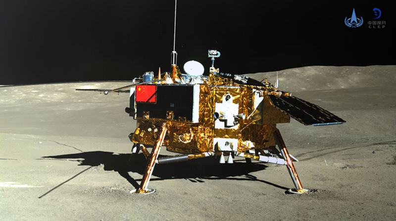 The Chang’e 4 lander, as photographed by the Yutu 2 rover.